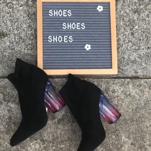 Multi color block heel pointed toe sock booties